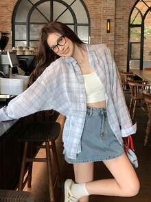 DAZY Women's Plaid Collar Long Sleeve Shirt, Korean Style, Spring/Summer - Baby Blue - View 9