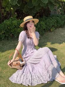 DAZY Women's High-Density Cotton Blend Purple & Blue Contrast Lace Waist Dress, French Design Elegant Long Dress - Mauve Purple - View 7