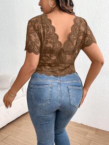 Firerie 大码蕾丝边短袖夏季束身黑色露脐上衣 - 棕色 - 查看 2