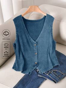 CosyJoli Plus Size Women Summer Casual Washed Front Button Camisole - Blue - View 1