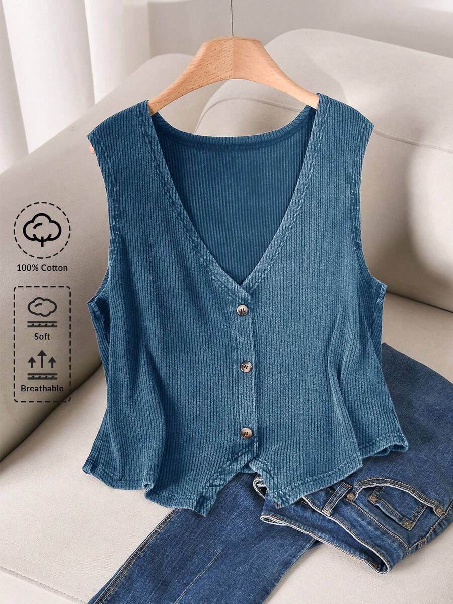 CosyJoli Plus Size Women Summer Casual Washed Front Button Camisole - Blue - View 1