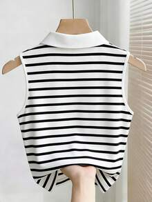 Franclia 2026新款条纹撞色纽扣背心，衬衫领半开襟设计，休闲通勤简约学院风无袖女式上衣 - 黑與白 - 查看 2