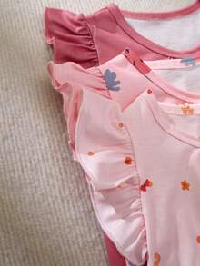 Souflis Souflis 3pcs Baby Girls Toddler Cute Sweet Pink Strawberry Floral Letter Print Ruffle Flutter Sleeve Soft Romper Jumpsuit Bodysuit One Piece Summer Outfits Clothes Set Casual Daily Playwear Vacation Gift Spring To Summer Essentials - Multicolor - View 5