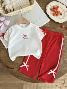 SHEIN 2pcs/Set Baby Girl Casual Street Style Black T-Shirt And Pants Set - Red - View 1