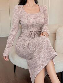 DAZY Damen elegantes Midikleid mit Puffärmeln und Gürtel, Herbst/Winter - Pink - Übersicht 7