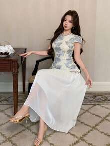 DAZY 女士优雅蕾丝花卉拼接亮片流苏中长连衣裙，夏季婚礼宾客礼服，女士吊带裙 - 藍色 - 查看 5