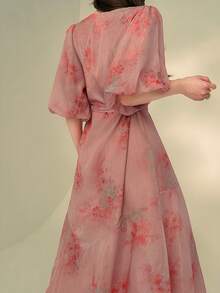 DAZY 女士优雅碎花V领灯笼袖系带中长连衣裙，夏季婚礼宾客礼服，女士吊带裙 - 粉色 - 查看 2