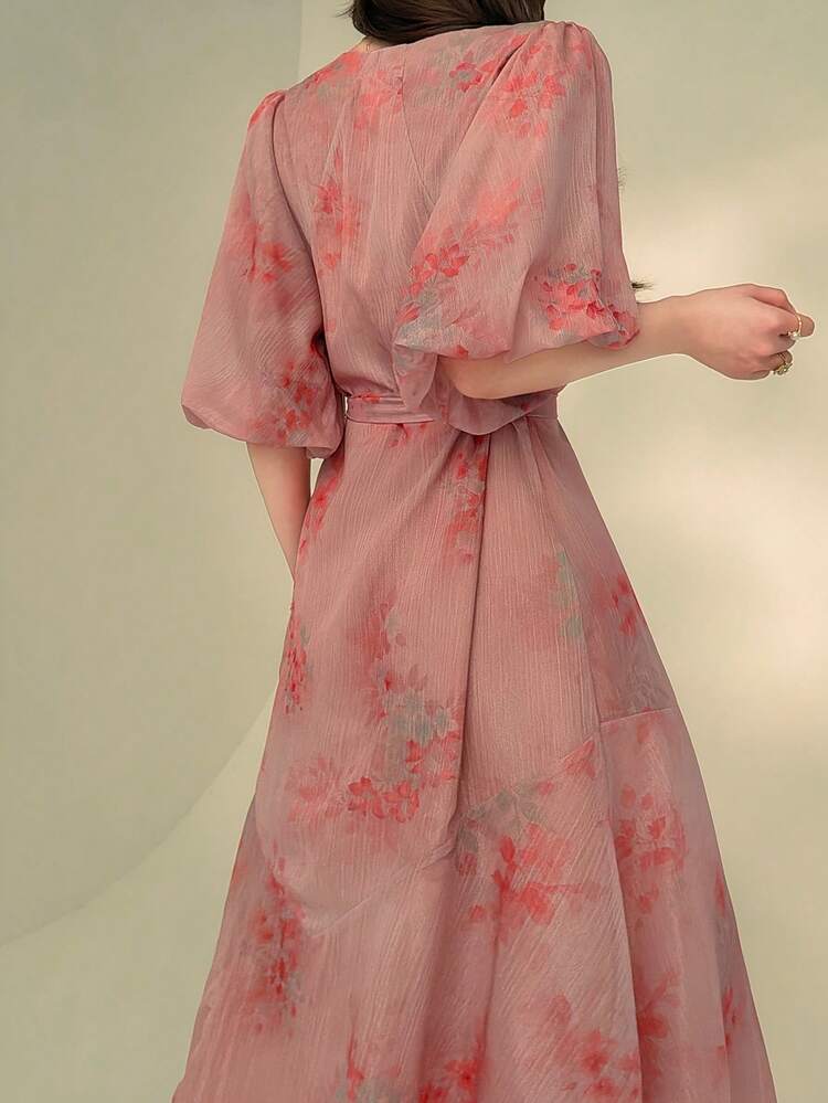 Women's Elegant Floral V-Neck Lantern Sleeve Belted Mid-Length Dress, Summer,Wedding Guest Dress Women Sundress