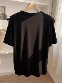 Resyla Lace Trim Decor Fashionable Minimalist Women's Regular Short Sleeve Crew Neck T-Shirt, Gift For Friends - Black - View 2