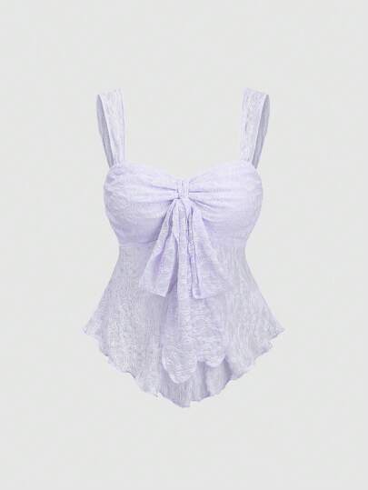 Sweetra Sweetheart Collar Sleeveless Elegant Lace Bow Textured Print Cropped Top