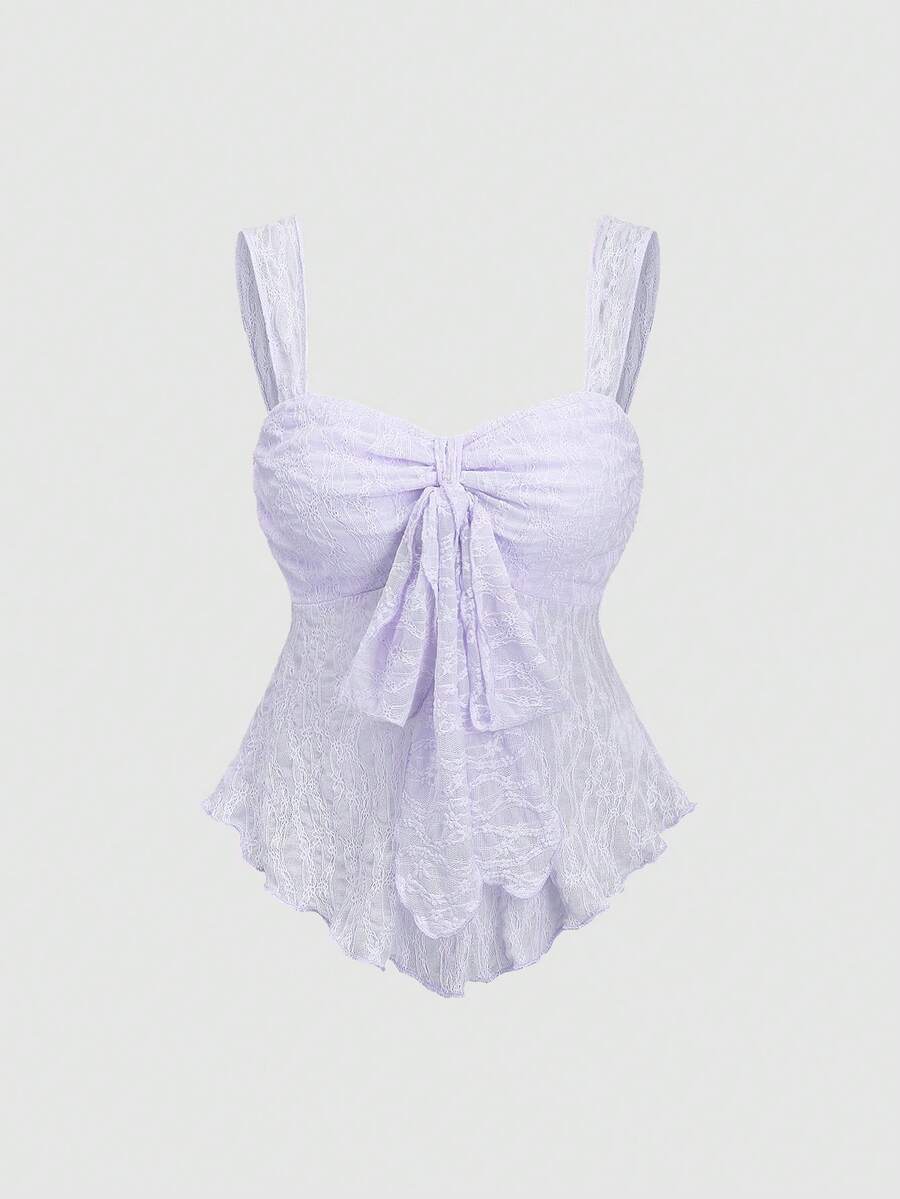 Sweetra Áo croptop không tay cổ tim thanh lịch với nơ ren và họa tiết in. - Màu tím hoa cà - Xem 1