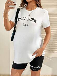 SHEIN Bộ đồ bầu 2 món kiểu dáng thường ngày, áo thun và quần short in họa tiết New York. - Đen và trắng - Xem 5