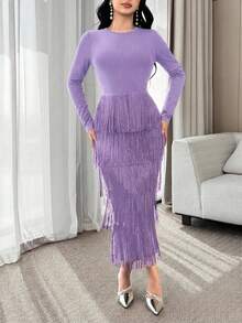 Modelyn 优雅纯色流苏修身连衣裙，适合女性 - 紫色 - 查看 4
