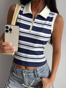 DAZY Áo tank top cổ bẻ kẻ sọc nữ, kiểu dáng thường ngày, phong cách mùa hè Y2K - Màu xanh hải quân - Xem 6