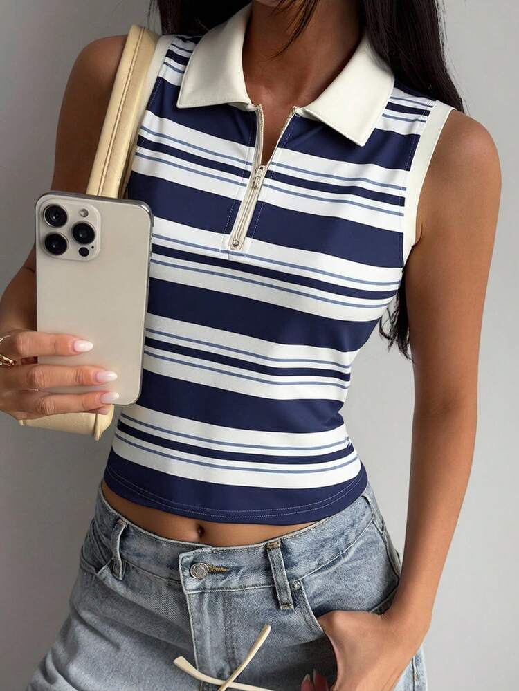 Women's Striped Collared Casual Tank Top, Summer Y2k