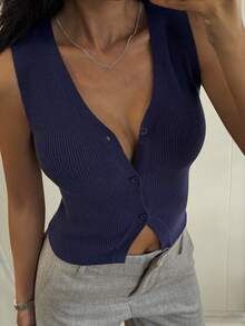 DAZY Damen Lässig V-Ausschnitt ärmelloses einfarbiges Strick-Top - marineblau - Übersicht 1