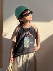 DAZY 男童夏季休闲字母和牛奶盒印花撞色袖T恤 - 深灰色 - 查看 8