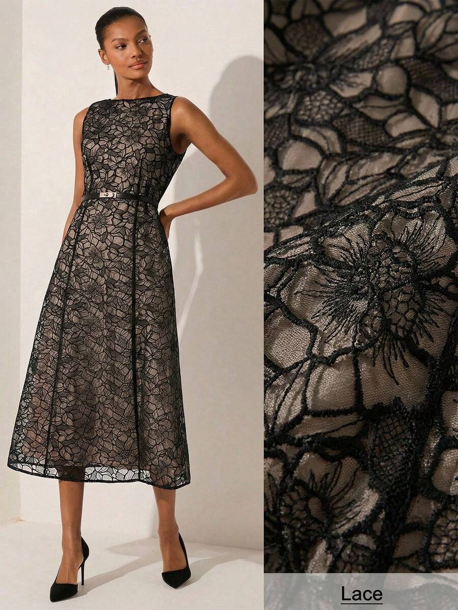 Lilora Đầm midi không tay cổ tròn thêu họa tiết thanh lịch dành cho nữ - Nhiều màu - Xem 1