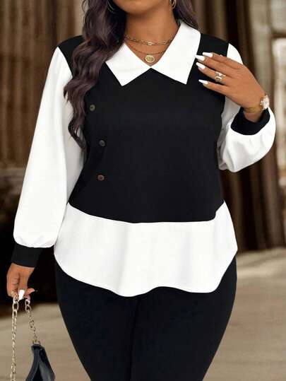 SHEIN CURVE+ Plus Size Women Spring/Autumn Casual Color Block Patchwork Top