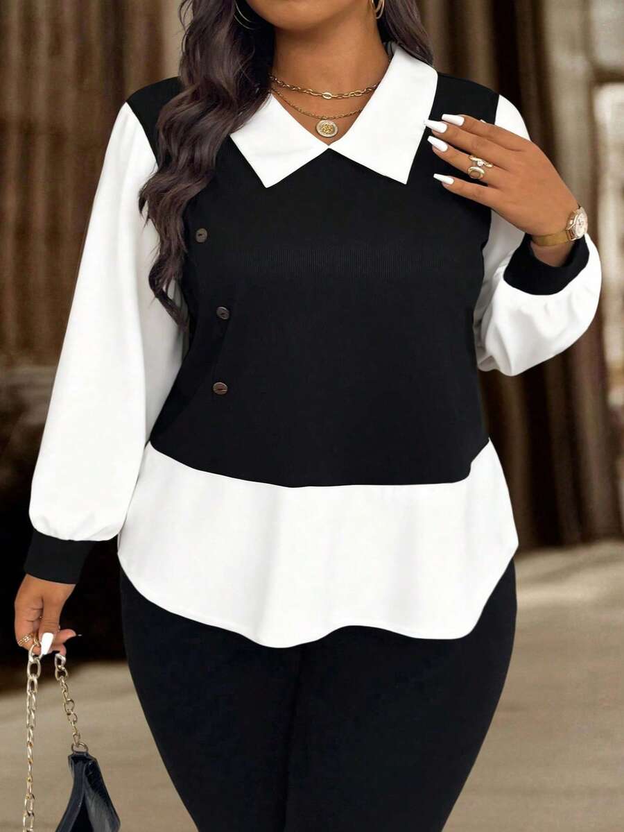 SHEIN CURVE+ Blusa casual de talla grande para mujer con bloques de color y parches, para primavera/otoño - Blanco y Negro - Ver 1