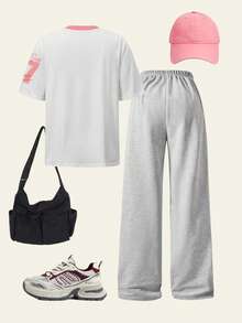 Sparklyn 2 pièces/Set Maillot de basket casual de rue pour filles, col en V, manches courtes et pantalon de sport à jambes larges, Printemps/Été - Blanc - Voir 3