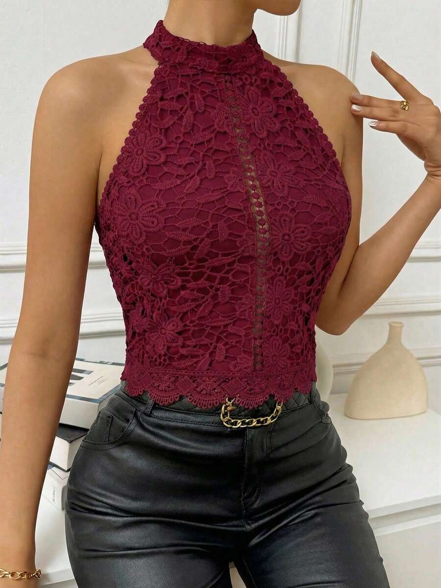Firerie Women's Fashionable Contrast Lace Backless Camisole, Summer,Summer Top - Burgundy - View 1