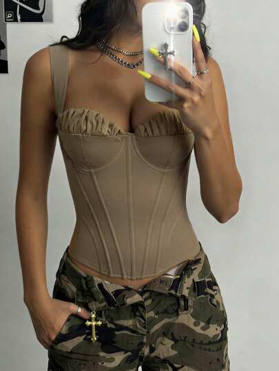 Glamine Elegant Khaki Corset Top For Women – Structured Bustier With Ruffle Trim And Lace-Up Back, Chic Winter Statement Piece For January Parties, Valentine's Day Dates, Anniversary Dinners, And Special Events, Perfect For Layering With Blazers Or Styling Solo For A Feminine, Fashion-Forward Look, Flattering Silhouette Highlights Curves For Confident Modern Lifestyles, Ideal Gift For Girlfriend Or Stylish Friends, Versatile For Brunch Outings, Holiday Gatherings, Or Night Out, Celebrate New Beginnings And Romance In Sophisticated Style, Must-Have Wardrobe Essential For Women Embracing Comfort, Elegance, And Allure During Festive Winter Occasions.