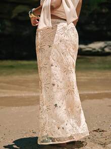 SHEIN BAE Chân váy dài dáng đuôi cá sang trọng, thêu sequin lấp lánh, dành cho nữ, thích hợp dự tiệc, hộp đêm, tiệc chiêu đãi, màu trắng. - Màu be - Xem 2