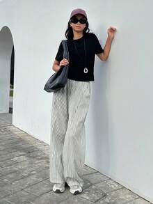 DAZY Teen Girls Striped Loose Straight Casual Daily Versatile T-Shirt Set - Black - View 4