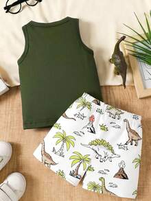 SHEIN 2pcs/Set Baby Boy Casual Cartoon Dinosaur Print Vest Top And White Printed Shorts Set, Suitable For Outings In Summer - Multicolor - View 2