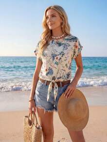 Sylviya Floral Print Keyhole Back Tie Front Top - Multicolor - View 1