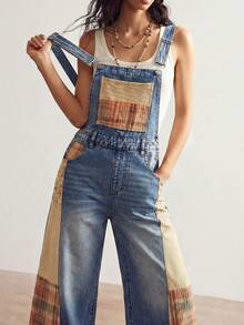 Bohemela 波西米亚风女式背带裤和连体裤，宽松长裤，格子拼接牛仔裤，可调节肩带设计，蓝色复古水洗，休闲背带裤 - 粉色 - 查看 5