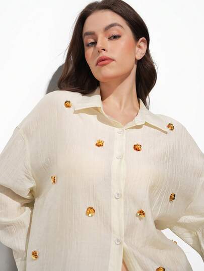 Maija Plus Size 2026 Spring New White & Beige 3D Flower Sequin Embellished Long Sleeve Blouse  St Patrick's Day Women Easter Summer Outfits Easter Dress Women Party Top Beach Dress Summer Holiday Outfits Each Vacation Outfits For Women  Summer Outfit For Women Going Out Outfits Graduation Graduation Outfit  Casual Dresses  Casual Blouses For Women French Style Blouse Casual Modern Blouse New Arrival Blouses For Women Blouse With Embellishment Womens Button-Up Blouse