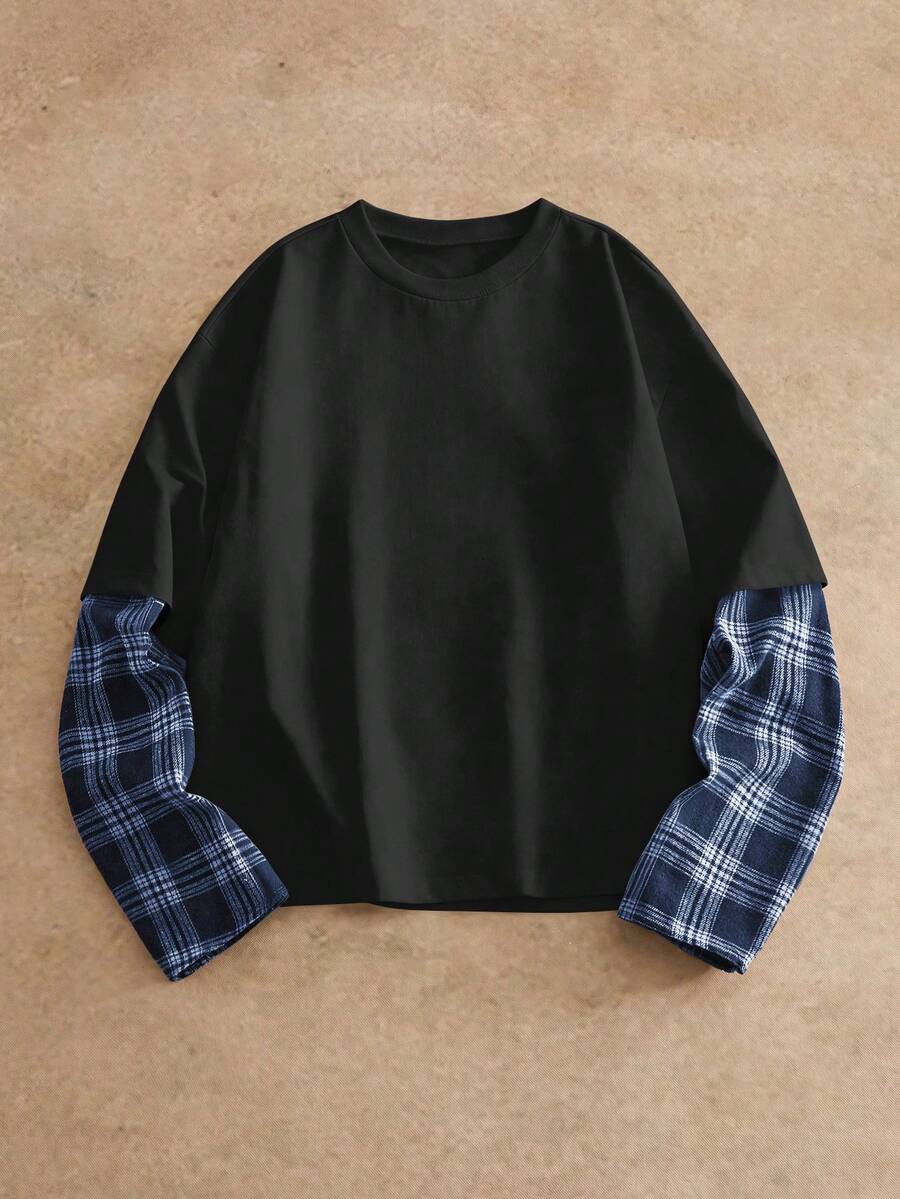 HIMLAND Camiseta de manga larga con estampado a cuadros casual y urbana para hombres - Negro - Ver 1