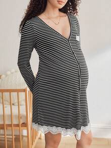 Pregnant Women Striped V-Neck Long Sleeve Contrast Lace Nightgown - Multicolor - View 5