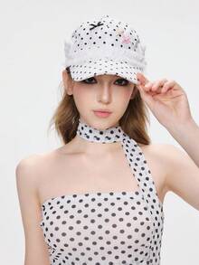 ROMWE Grunge Punk 1pc Punk Style Circular Hollow Rivet Beret Hat, Y2K Round Pendant Newsboy Cap, Daily Personalized Fashion Item - White - View 6