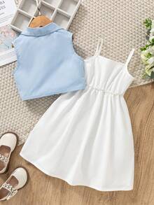 SHEIN Genkimix Kids 少女纯色翻领开衫和吊带连衣裙套装，适合日常穿着和略微正式的场合，非常适合晚春、夏季和初秋。 - 淺藍色 - 查看 2