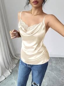 Rafferiza Áo hai dây ren satin thanh lịch dành cho nữ màu đen - Màu be - Xem 4