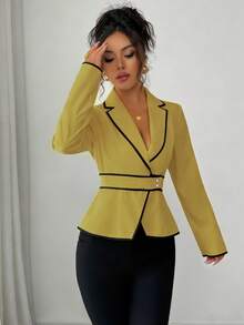 Rafferiza 女士优雅通勤衬衫，披肩领长袖 - 黃色 - 查看 3