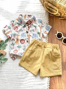 SHEIN Vintaside Kids 2件套男婴夏季新款可爱动物印花POLO领短袖开衫衬衫和直筒黄色短裤套装，带口袋，休闲时尚 - 彩色 - 查看 2