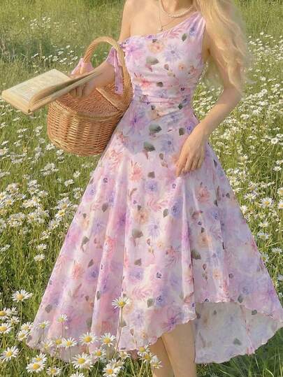 SHEIN MOD Vestido midi elegante sin mangas con estampado floral y bajo asimétrico para mujer