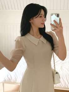 DAZY Women's Collared Fitted Waist Midi Dress, Suitable For Commuting Sundress - Khaki - View 6