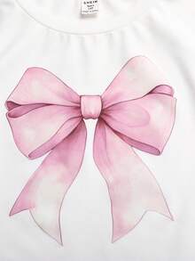 SHEIN 少女时尚针织蝴蝶结印花休闲修身短袖T恤和宽松条纹裤套装，春夏款 - 彩色 - 查看 4