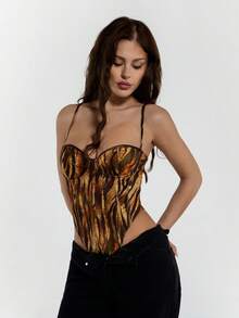 SHEIN ICON 夏季女士西部波西米亚嬉皮哥特风外出科切拉音乐会俱乐部动物纹性感时尚街头别致虎纹高开衩连体衣，夏季 - 彩色 - 查看 4