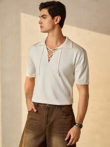 Manfinity RSRT Áo len nam cổ bẻ màu trơn, thích hợp mặc hàng ngày, chất liệu thoáng khí, nhẹ, thoải mái, phù hợp cho kỳ nghỉ và ngày Valentine. Áo màu kem nam, áo nam gợi cảm, áo nam mùa hè, áo len nam thắt dây. - trắng - Xem 5