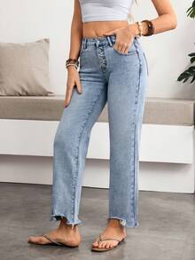 Breezaya Women's Fashion Frayed Hem Cropped Jeans - Dark Wash - View 3