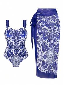 Swim Oasis 大码女装两件套：蓝色印花时尚度假休闲荷叶边印花网纱半身裙 + 修身褶皱抹胸连体泳衣，优雅套装 - 藍色 - 查看 4