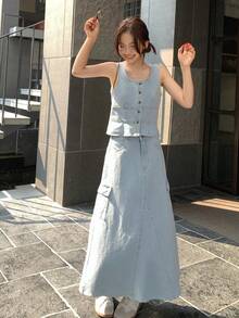 DAZY Women's Washed Korean Style Distressed Casual Fresh Denim Set, Summer - Blue - View 10