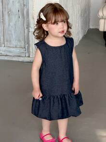 DAZY Vestido de mezclilla sin mangas con cuello redondo y volantes, estilo coreano para niñas pequeñas - Azul - Ver 3