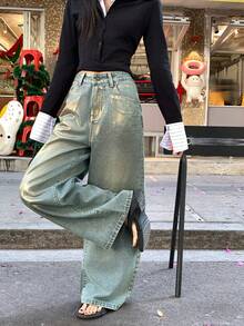 DAZY 女士高腰口袋阔腿宽松休闲牛仔裤 - 藍色 - 查看 6